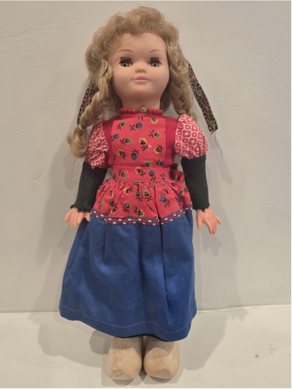 Vintage Dutch Folk Doll Handmade Cloth Dress Braids Wooden Shoes 13” Display